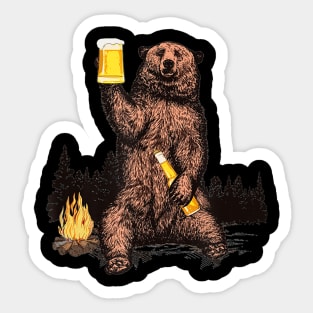 Bear Drinking Beer Camp Fire Woods Outdoor Funny Grizzly Sticker